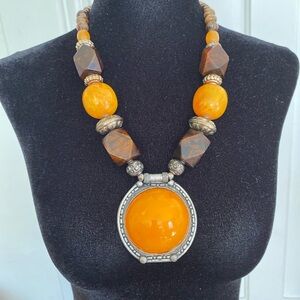 Vintage Berber Tibetan style Orange resin and Brown wood Beaded Necklace.